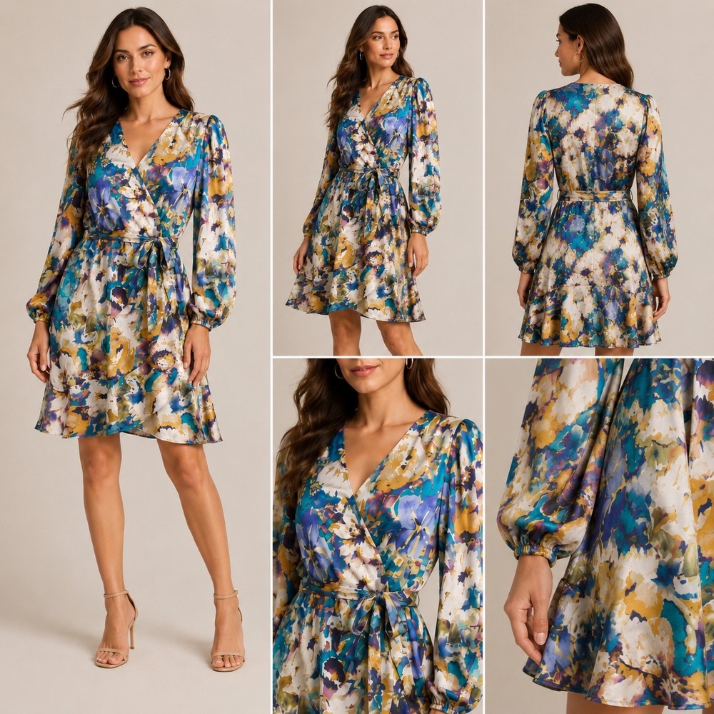 NWT NICOLE MILLER NY Women's Long Sleeve Floral Satin Wrap Style Mini Dress L - Picture 3 of 7